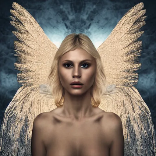 Prompt: very pretty blond female angel with huge wings in a dark cave, perfect symmetrical face, shallow depth of field, moody lighting, single point of light, 8 k, cultural realistic, in the style of martina fackova,