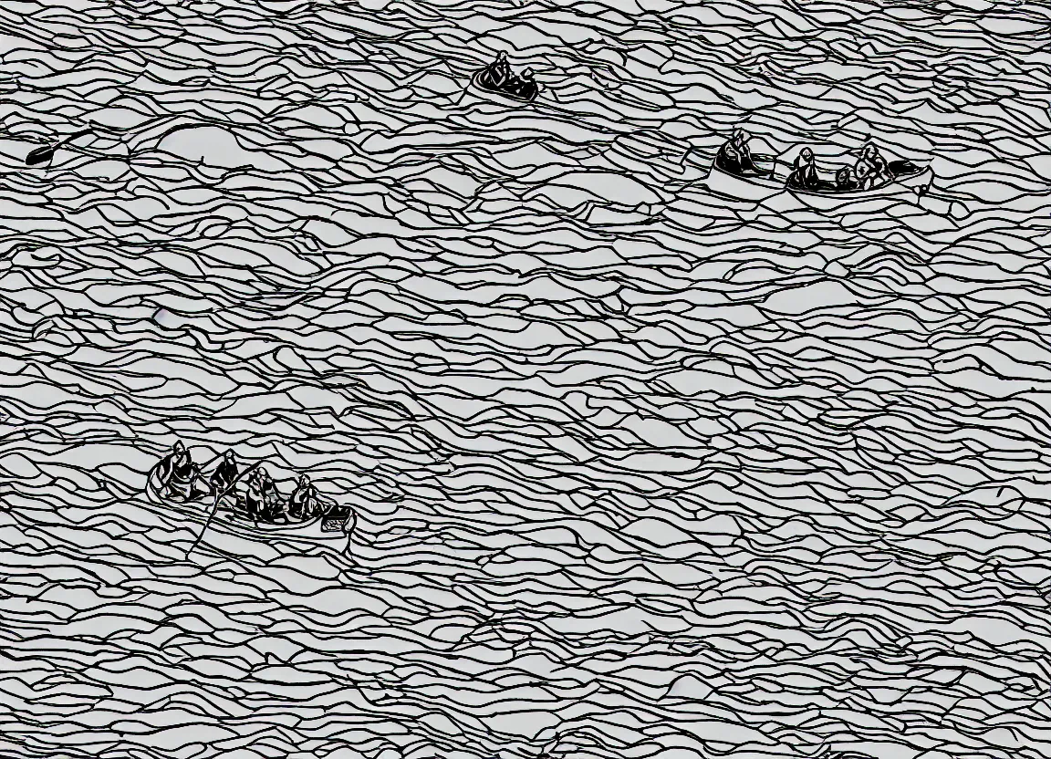 Prompt: a river rafting crew floating down a river, minimalist line drawing, clean long lines, ultra detailed