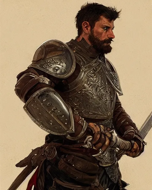 Image similar to '' Face portrait of a rugged adventurer with a leather armor holding a big sword getting ready for battle, d&d, fantasy, high detail, digital painting, artstation, concept art, sharp focus, illustration, art by greg rutkowski and alphonse mucha ''