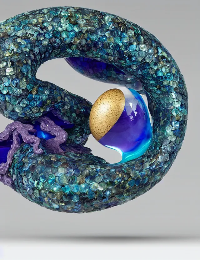 Image similar to a photo of a sculpture of a snake made from blue and emerald and amethyst crystal geode formations encircling a marble egg on a base of obsidian made with liquid gold tendrils flowing by ellen jewett by stanisław szukalski, octane render, recursive, tendrils, elestial crystals, geode, refracted light