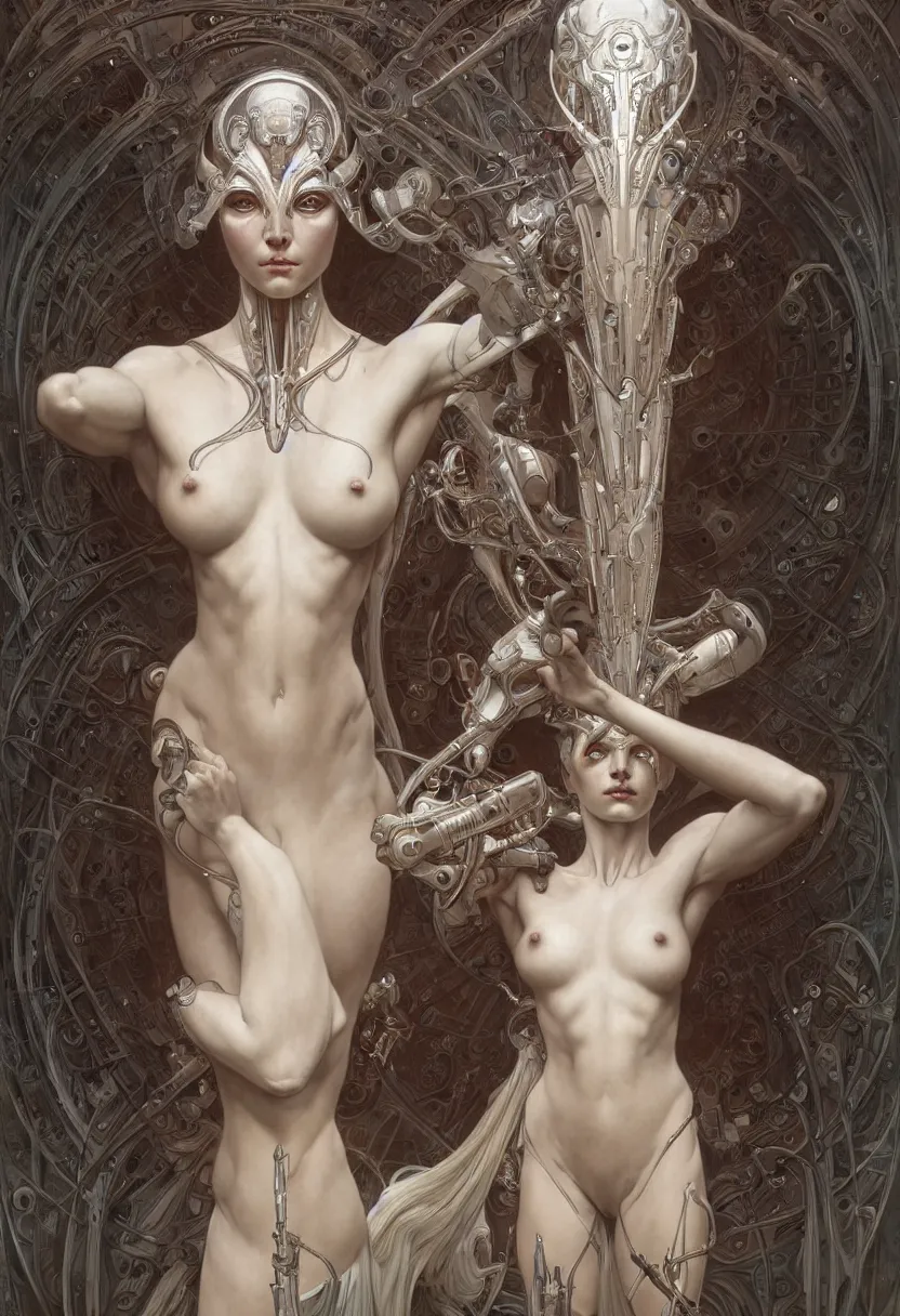 Image similar to beautiful white cyborg goddess, by william - adolphe bouguereaum artgerm and hr giger and zdzislaw beksinski and alphonse mucha, matte painting, hyperdetailed, symmetry, art nouveau, beautiful render, concept art