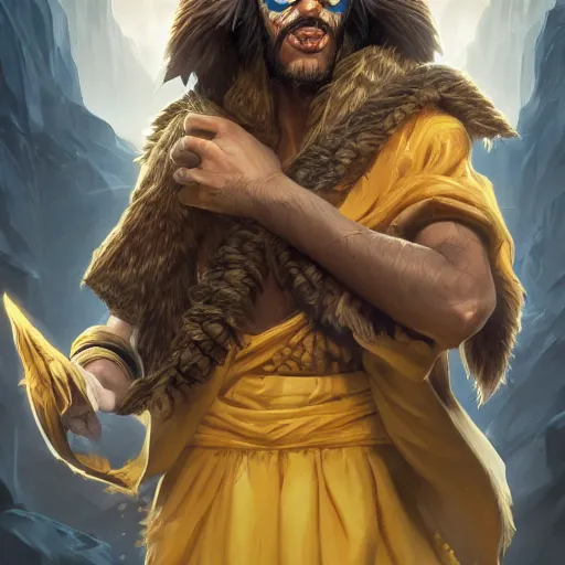 Image similar to portrait of young wild arabian nomad half werewolf, with yellow cloths, league of legends splash art, hearthstone splash art, full body shot, rule of thirds, ultrafine hyperrealistic detailed face, artgerm, greg rutkowski, trending on artstation, 8 k, intricately detailed, highly detailed