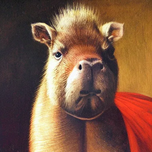 Prompt: sauve capybara wearing formal attire, portrait, painting, vivid colours, Renaissance, detail, da vinci