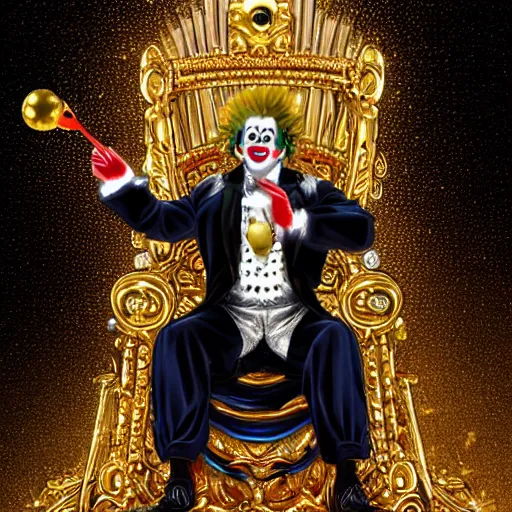 Image similar to anime of a shining majestic throne made of millions of diamonds, gold and zaphires with thousands of light reflections, and a clown on a tuxedo suit is sitting on the throne while handing a golden balloon, dramatic light, digital painting, ultradetailed, artstation, oil painting, ultradetailed, artstation