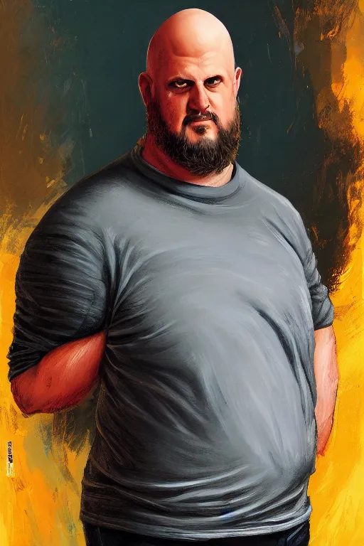 Image similar to chonky ethan van sciver with a bald head, grey trimmed beard, pointed nose, ethan van sciver, striking hyper real painting, comic book style portrait painting, greg rutkowski, wlop, charlie bowater