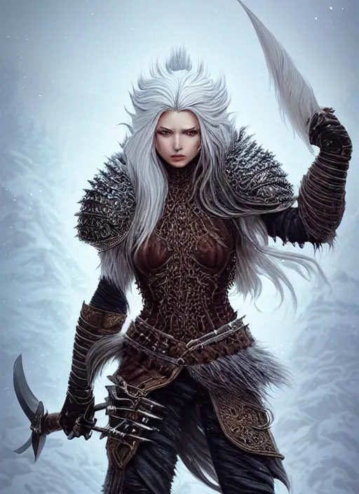 Image similar to fur leather armor!!! long wild white hair!! covered chest!!! fantasy, d & d, intricate ornate details, symmetry, concept art, sharp focus, illustration, art by artgerm! greg rutkowski magali villeneuve wlop! ilya kuvshinov!!, octane render, unreal engine 5, highly rendered!!