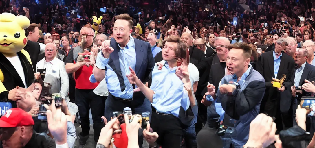 Prompt: elon musk in a boxing arena against donald trump with a crowd of pikachus