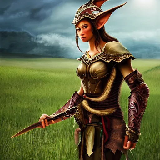 Image similar to fantasy portrait of an elf warrior with a field in the background