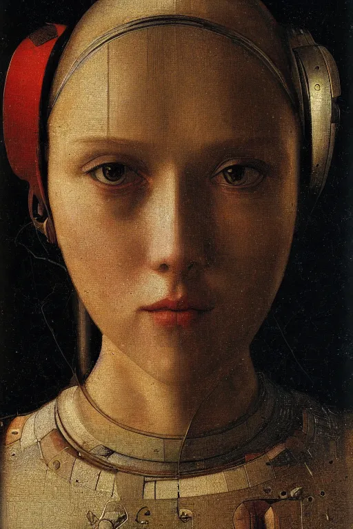 Image similar to a close - up portrait of a cyberpunk cyborg girl, by jan van eyck, rule of thirds