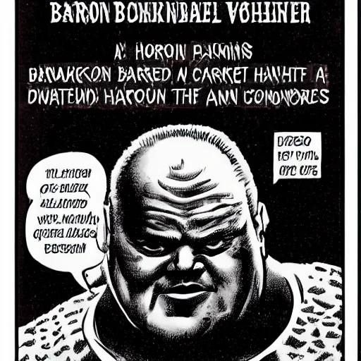 Image similar to baron. vladimir harkonnen is the direct - line male descendant of the bashar abulurd harkonnen who was banished for cowardice after the battle of corrin. the return of house harkonnen to power generally is ascribed to adroit manipulation of the whale fur market and later consolidation with melange wealth from arrakis.