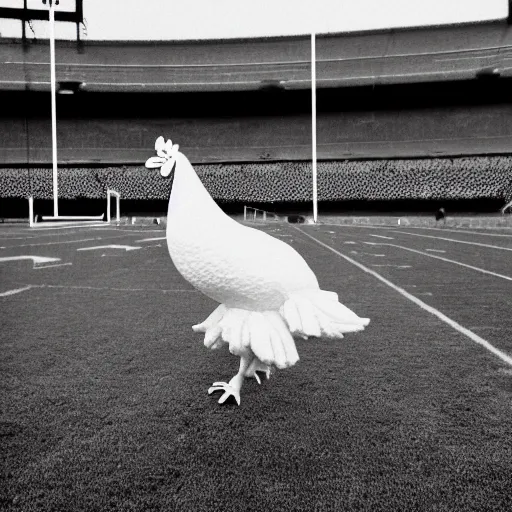 Image similar to the famous funky chicken runs across a football field, interrupting the big game, 3 5 mm