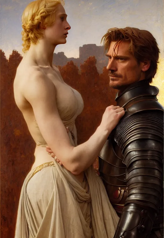 Image similar to attractive handsome fully clothed jaime lannister confesses his love for attractive fully armored brienne of tarth. centered composition. highly detailed painting by gaston bussiere and j. c. leyendecker and william adolphe bouguereau and fra angelico and octane render, musee d'orsay 8 k