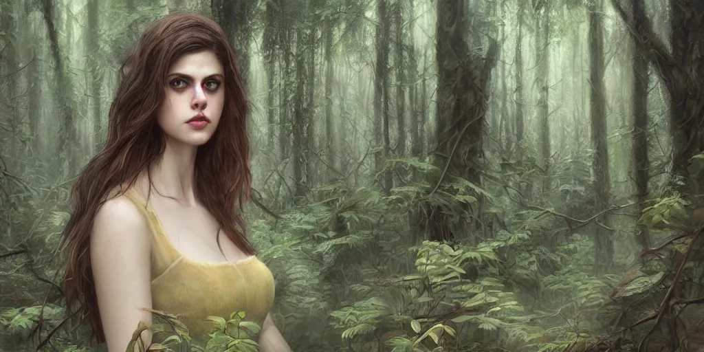 Prompt: landscape portrait of Alexandra Daddario in the middle of a forest, by WLOP, overgrown city by artgerm, fantasy, high detail, elegant, digital painting, cinematic lighting, vibrant, intricate, textured skin, highly detailed, artstation, sharp, focus, HDR, unreal engine 5, breathtaking, illustration, Anna Dittmann, Ilya Kuvshinov, Krenz Cushart