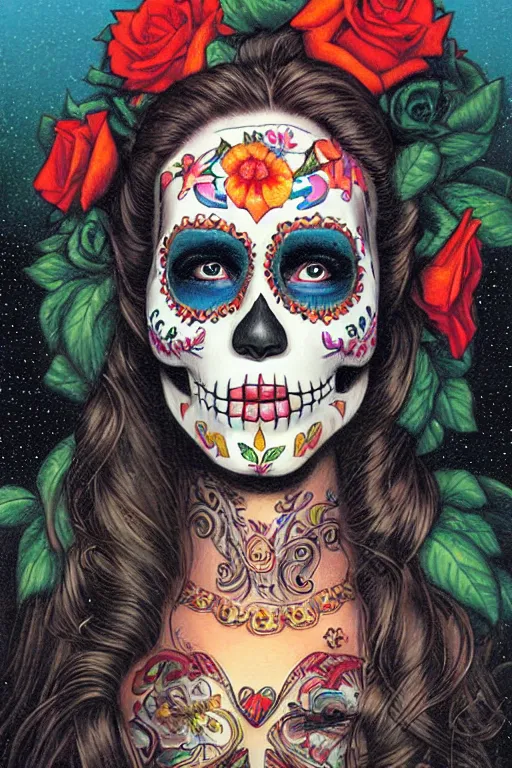 Prompt: Illustration of a sugar skull day of the dead girl, art by tim hildebrandt