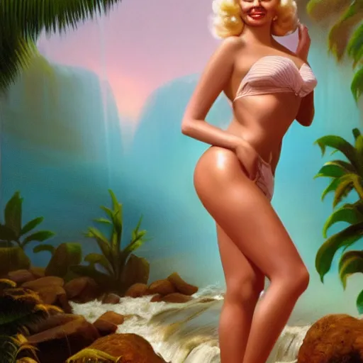 Image similar to a very beautiful oil painting of jayne mansfield under a tropical waterfall, full body, pale pink bikini, cinematic lightning, golden hour, medium shot, mid - shot, cryengine, raytracing, 4 k, cinematic wallpaper by gil elvgren, robert maguire, rudolf belarski, marc simonetti, and sakimichan