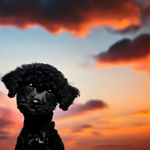 Image similar to a dark cloud shaped like a black miniature toy poodle's head, sunset realistic photo