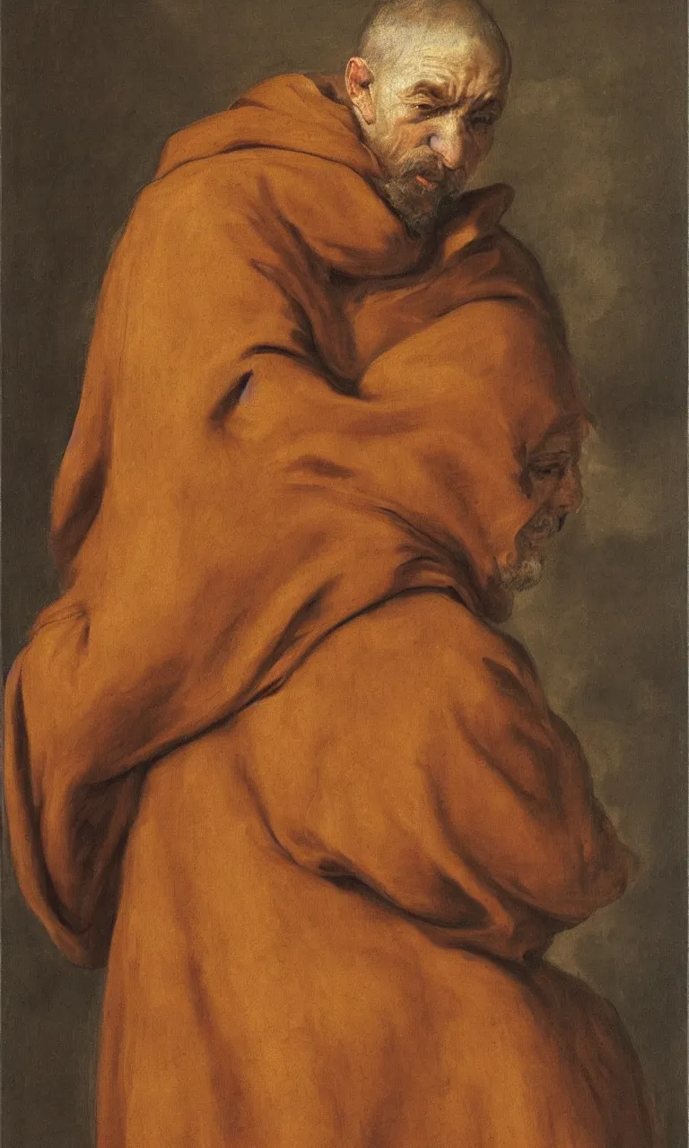 Prompt: an oil painting of a Franciscan monk wearing brown habit and hood, by Rubens