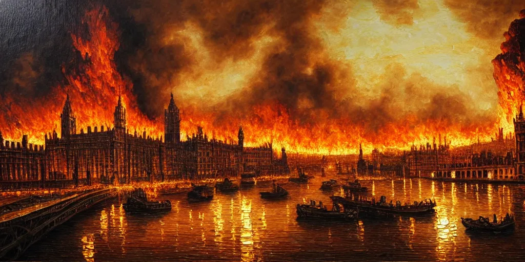 Image similar to oil painting landscape great fire of london, high production value, intricate details, high resolution, hdr, high definition, masterpiece, realistic, ultrarealistic, highly detailed, hd, sharp focus, non blurry, sharp, smooth