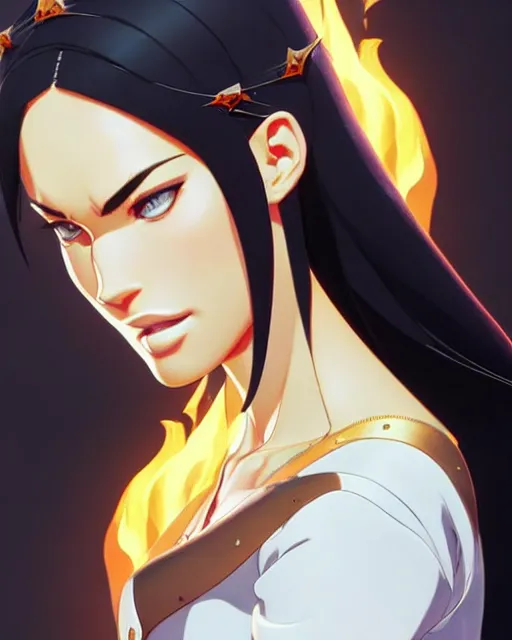 Image similar to azctec queen, megan fox, gemstone forehead, detailed perfect face, exquisite details, fire magic, mid view, design on a white background, by studio muti, greg rutkowski makoto shinkai takashi takeuchi studio ghibli