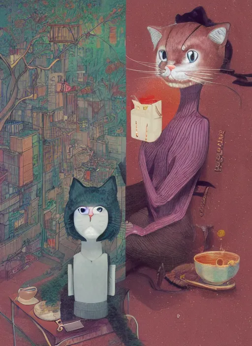 Prompt: an illustration of an anthropomorphic cat, a 3 d render of an anthropomorphic cat, by jack gaughan, by hikari shimoda