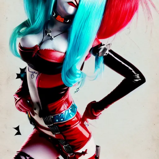 Image similar to detailed photograph of avril lavigne as harley quinn with stockings, 8 k, by greg rutkowski, artgerm, global illumination