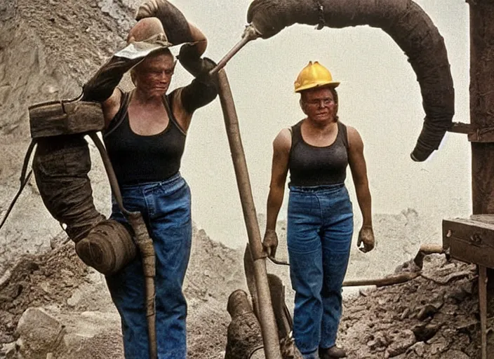 Prompt: 90's professional color photograph, A Very muscular coal miner woman