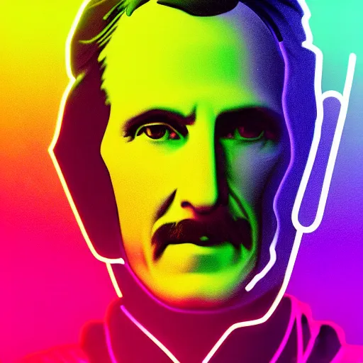 Image similar to nikola tesla in hoodie, portrait, vaporwave, synthwave, neon, vector graphics, cinematic, volumetric lighting, f 8 aperture, cinematic eastman 5 3 8 4 film, photorealistic