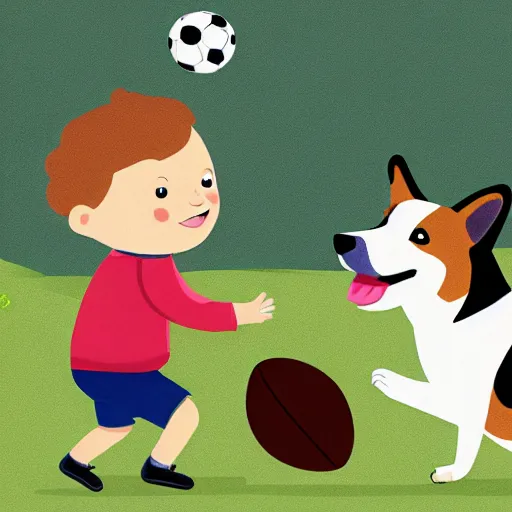 Image similar to illustration of french boy playing football with a corgi who is wearing a polka dot scarf