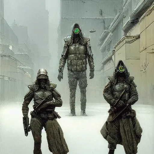 Image similar to portrait of futuristic soldiers squad on the art deco streets of the undying empire city of ya - sattra during the festival of masks, snow, winter, award - winning realistic sci - fi concept art by beksinski, bruegel, greg rutkowski, alphonse mucha, and yoshitaka amano