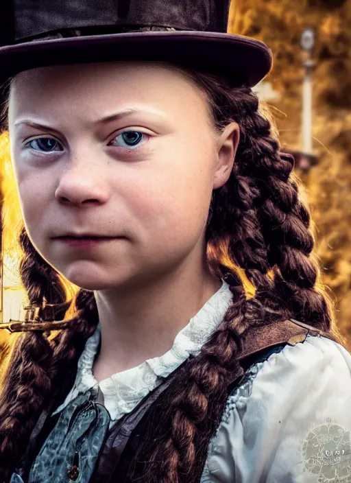 Image similar to closeup portrait of a steampunk greta thunberg wearing a top hat and goggles, depth of field, zeiss lens, detailed, symmetrical, centered, fashion photoshoot, by Annie Leibovitz and Steve McCurry, David Lazar, Jimmy Nelsson, Breathtaking, 8k resolution, extremely detailed, beautiful, establishing shot, artistic, hyperrealistic, beautiful face, octane render