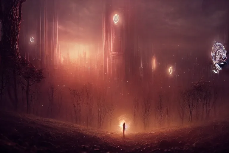 Image similar to an ultra realistic, cinematic, fantasy, headshot portrait, of an elden ring elf, fairy lights, facial features, background of a vast dystopian cityscape, with trees and neon lights, detailed, deep focus, movie still, dramatic lighting, ray tracing, by michal karcz and yoshitaka amano