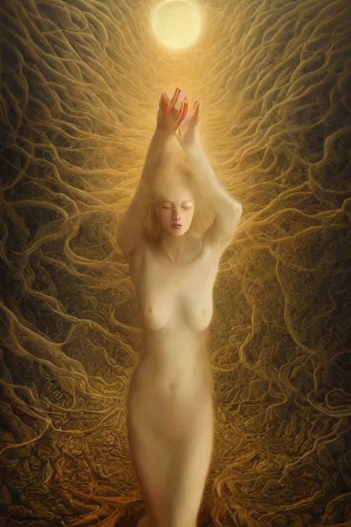 Image similar to Intricate stunning highly detailed pale skinned ethereal being by agostino arrivabene and Vladimir Kush, surreal, digital painting, ultra realistic, Horror vacui, dramatic lighting, full moon, thick black swirling smoke tornado, burning fire embers, artstation