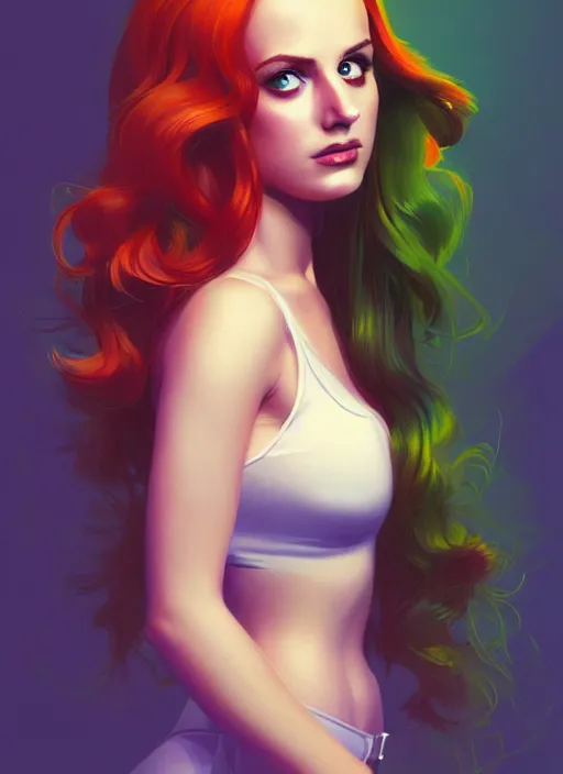 Image similar to full body portrait of teenage cheryl blossom, bangs, green eyes, mischievous expression, red hair, sultry smirk, bangs and wavy hair, intricate, elegant, glowing lights, highly detailed, digital painting, artstation, concept art, smooth, sharp focus, illustration, art by wlop, mars ravelo and greg rutkowski