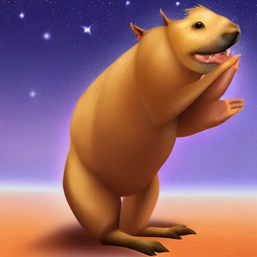 Image similar to digital painting of a boy riding a magical flying capybara in space