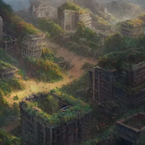 Prompt: A destroyed city covered in plant life with one survivor by noah bradley, matte painting, trending on artstation, DSLR