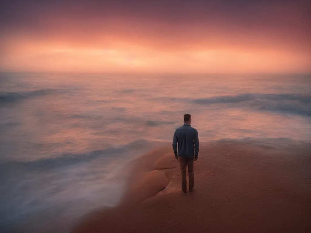 Prompt: handsome man looking at the ocean, orange - ish haze, photo taken with sony alpha 7 iii, photo by marc adamus