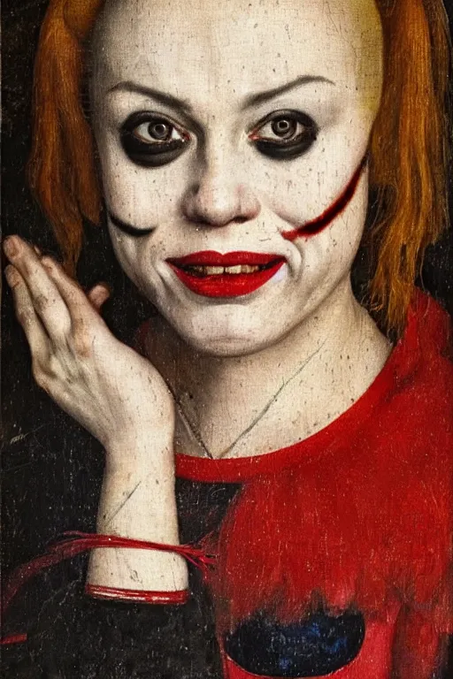 Prompt: portrait of harley quinn, oil painting by jan van eyck, northern renaissance art, oil on canvas, wet - on - wet technique, realistic, expressive emotions, intricate textures, illusionistic detail