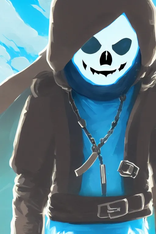 Image similar to an in game portrait of sans from the legend of zelda breath of the wild, breath of the wild art style.