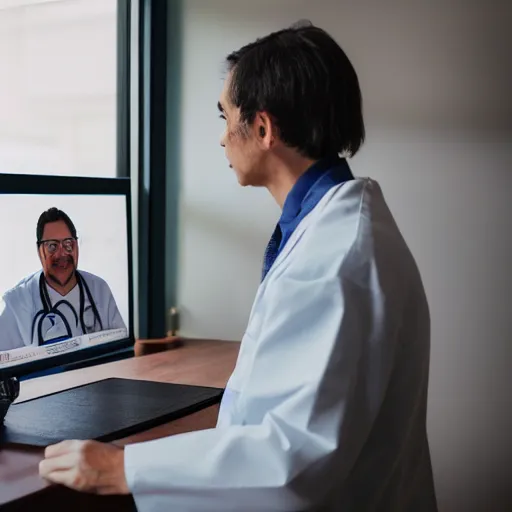 Image similar to A doctor consulting a patient using video conferencing, Canon EOS R3, f/1.4, ISO 200, 1/160s, 8K, RAW, unedited, symmetrical balance, in-frame