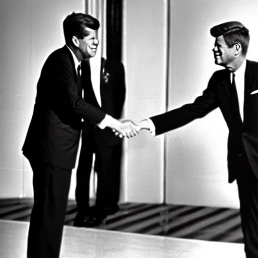 Image similar to president john f kennedy shaking hands with an alien, black and white photography, detailed, ultra realistic, photorealistic, cinematic