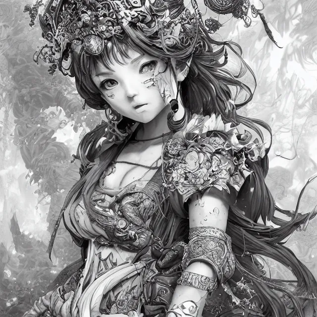 Image similar to the portrait of chaotic good female druid alchemist as absurdly beautiful, gorgeous, elegant, young anime girl, an ultrafine hyperdetailed illustration by kim jung gi, irakli nadar, intricate linework, sharp focus, bright colors, octopath traveler, final fantasy, unreal engine 5 highly rendered, global illumination, radiant light, detailed and intricate environment