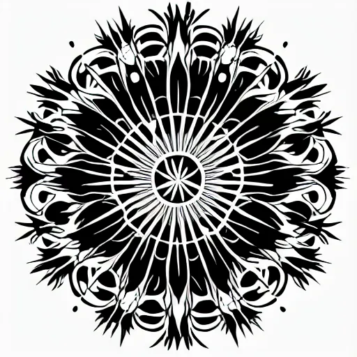 Image similar to a circular vector tattoo design. art nouveau, spiky, curvilinear, recursive.