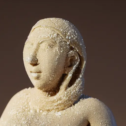 Image similar to detailed sculpture covered in salt shaped like a 30 year old woman in ancient Canaanite clothing, desert drought background. 40mm lens, shallow depth of field, split lighting