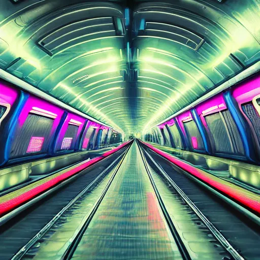 Prompt: space train station, futuristic, neon colours, highly saturated, high def, 8 k, hd, highly detailed,