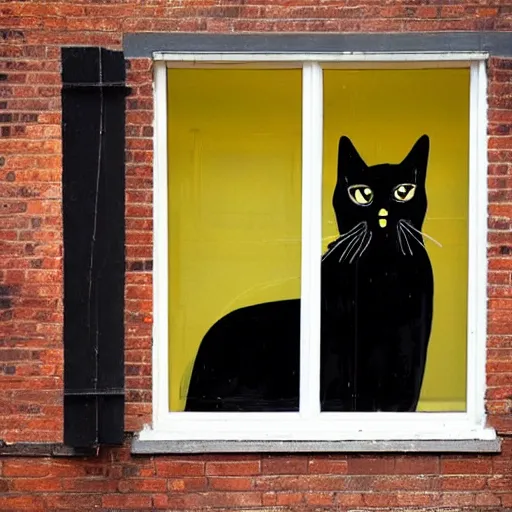Image similar to a giant black cat with yellow eyes looking through a window at Jodie Marsh