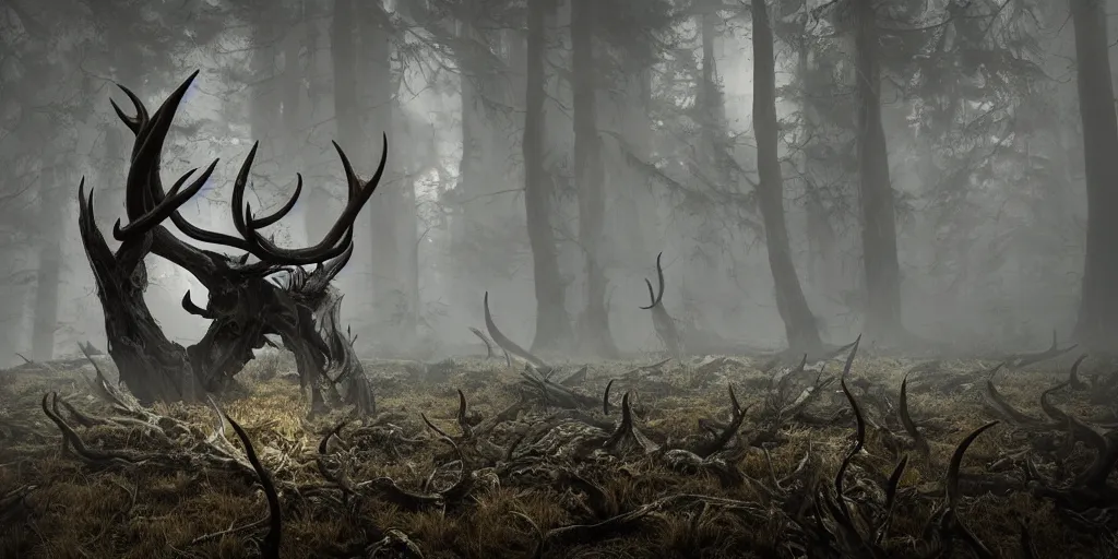 Image similar to leshen with deer skeleton skull and horns, ram skulls, grand imposing powerful sculpture. swirls of mist. occult photorealism, uhd, amazing depth, volumetric lighting, cinematic lighting. epic landscape.