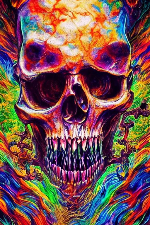 Prompt: 35 mm lens photo of chthonic scull lsd colors with sharp teeth and rgb background smoke, direct sunlight, glowing, vivid, detailed painting, Houdini algorhitmic pattern, by Ross Tran, WLOP, artgerm and James Jean, masterpiece, award winning painting