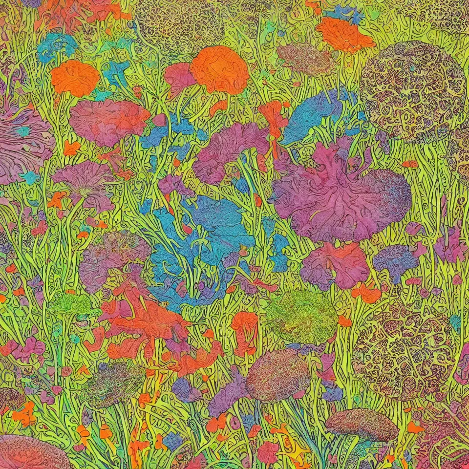 Prompt: colorful print of microorganisms fungi botanical artwork, multicolor lino block print with vignettes, created by ernst haeckel, greg hildebrandt, mary delany, tiffany bozic in the style of painting toon shades, colorful ink, vibrant, pastel, color vector, smooth curves, graphical, detailed, trending in art station