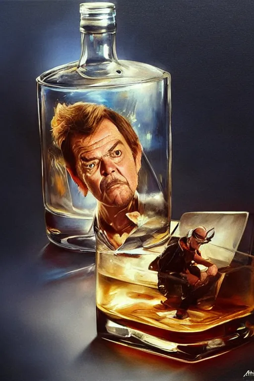 Image similar to a ship in a bottle but instead of a ship it is jack nicholson in the bottle, jack nicholson, whiskey bottle, masterpiece painting by artgerm, ruan jia, jakub rebelka, tom bagshaw