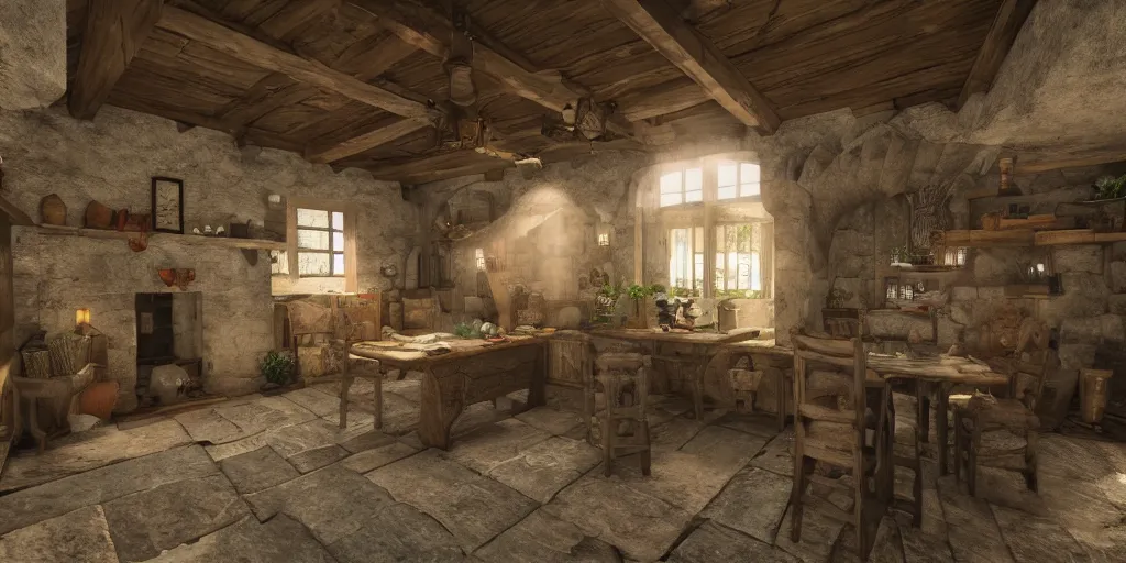 Image similar to medieval cottage interior, unreal engine